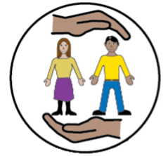 Illustration of two people standing between two horizontal hands